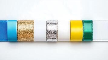 Colorful assortment of decorative ribbons arranged neatly on a white background, ideal for crafts photo