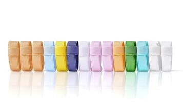 Colorful assortment of elastic bands arranged in a row on a reflective surface photo