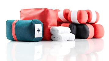 Colorful assortment of exercise equipment arranged on a white surface, showcasing various shapes and sizes photo