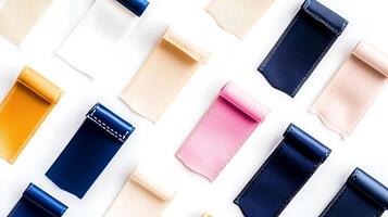 Colorful assortment of fabric ribbons arranged neatly on a white background for crafting projects photo