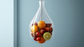 Colorful assortment of fresh fruits displayed in a modern glass container on a blue background photo