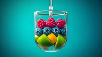Colorful assortment of fresh fruits suspended in a glass container against a vibrant background photo