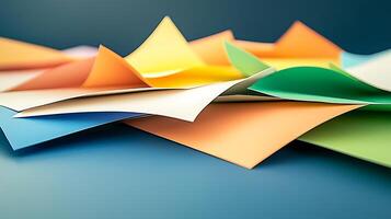 Colorful assortment of paper sheets in various shades layered on a smooth surface, creating depth photo