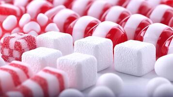 Colorful assortment of red and white candies arranged neatly on a white surface, creating a festive atmosphere photo