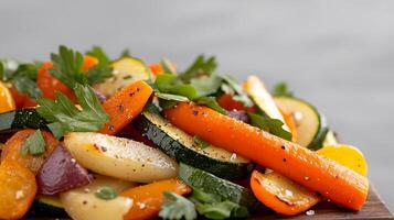 Colorful assortment of sauted vegetables with herbs on a wooden board against a gray backdrop photo