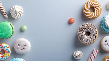 Colorful assortment of smiling desserts and candies arranged artistically on a light background photo