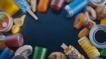 Colorful assortment of snacks and beverages arranged in a circular pattern on a dark background photo