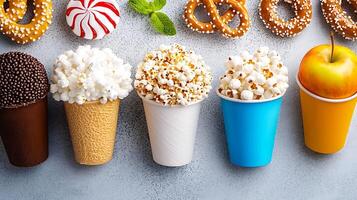 Colorful assortment of snacks including popcorn, ice cream, and pretzels on a textured background photo