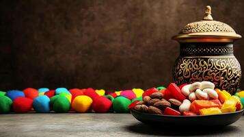 Colorful assortment of sweets and nuts displayed on a plate beside an ornate jar against a textured background photo