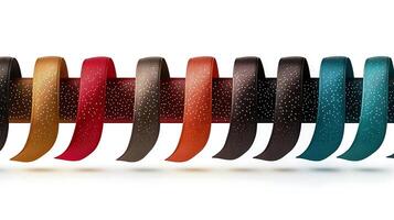 Colorful assortment of textured ribbons arranged in a row, showcasing various shades and patterns photo