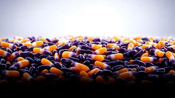 Colorful assortment of vibrant capsules scattered on a smooth surface, creating a visually appealing backdrop photo