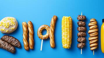 Colorful assortment of various snacks and treats arranged on a blue background photo