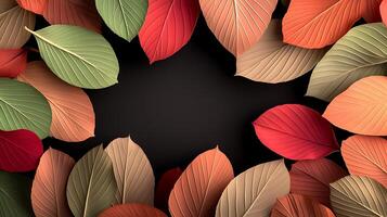 Colorful autumn leaves arranged on a dark background, creating a natural frame effect photo