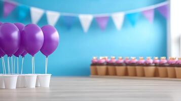 Colorful balloons and party cups set against a festive backdrop with treats for celebration photo