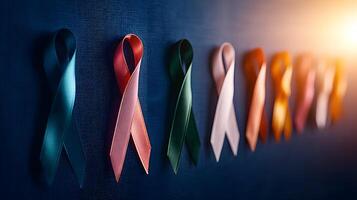 Colorful awareness ribbons arranged in a row against a dark background, symbolizing various causes photo