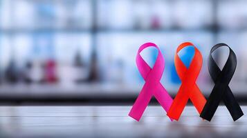 Colorful awareness ribbons displayed on a wooden table with a blurred background, symbolizing support photo