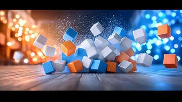 Colorful blocks in motion create a dynamic scene with blurred lights in the background photo