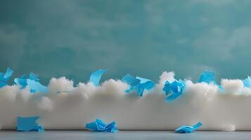 Colorful blue paper pieces and fluffy white material on a textured background, creating a playful scene photo