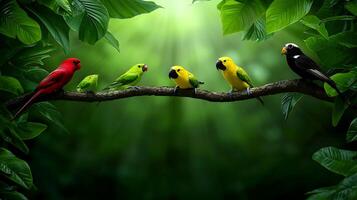 Colorful birds perched on a branch in a lush green forest with light filtering through leaves photo