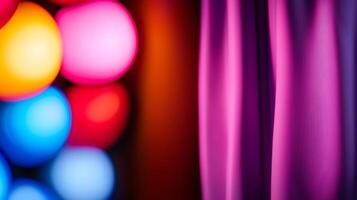 Colorful bokeh lights illuminate a curtain in a vibrant setting, creating a festive atmosphere photo