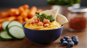 Colorful bowl of hummus garnished with herbs, surrounded by fresh vegetables and snacks photo