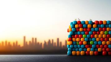 Colorful building blocks stacked against a city skyline at sunset, showcasing playful creativity photo