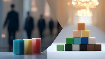 Colorful building blocks arranged in a pyramid shape, with blurred figures walking in a grand hall photo