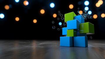 Colorful building blocks stacked creatively with bubbles in a softly lit background photo