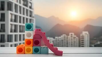 Colorful building blocks arranged with a slide against a sunset backdrop in a modern city photo