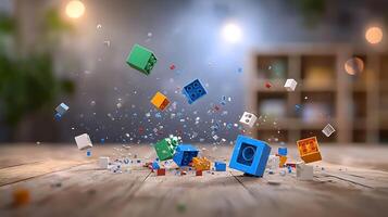 Colorful building blocks in mid-air, creating a dynamic scene in a cozy indoor space photo