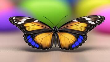 Colorful butterfly resting on a surface with blurred vibrant background shapes, showcasing beauty photo