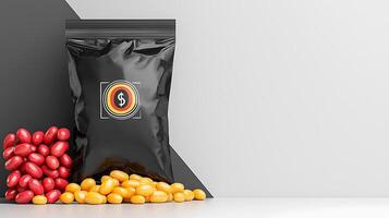 Colorful candy package with red and yellow candies on a modern geometric background photo