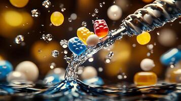Colorful candy-like pills splashing into water with vibrant bokeh background, creating a dynamic scene photo