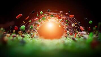 Colorful capsules and pills floating in a vibrant environment with a glowing orb in the background photo