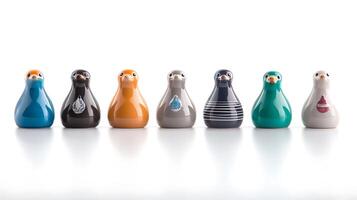 Colorful ceramic birds in a row on a white background, showcasing various designs and patterns photo