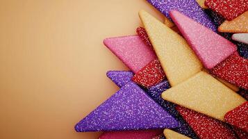 Colorful candy triangles stacked on a smooth background, creating a vibrant and playful scene photo