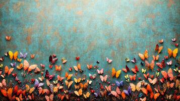 Colorful butterflies arranged on an artistic background, creating a vibrant and lively scene photo