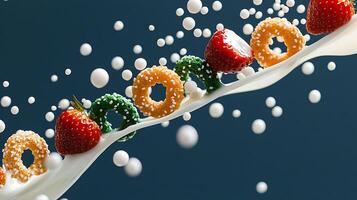 Colorful cereal rings and fresh strawberries cascading in milk, creating a vibrant splash effect photo