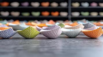 Colorful ceramic bowls arranged artistically on a textured surface, with a blurred background display photo