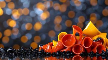 Colorful ceramic vessels arranged artistically on a reflective surface with a blurred bokeh background photo