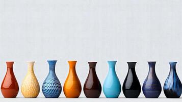 Colorful ceramic vases arranged in a row against a textured background, showcasing design diversity photo