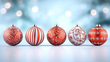 Colorful Christmas ornaments in a row with a soft blue bokeh background, creating a festive atmosphere photo