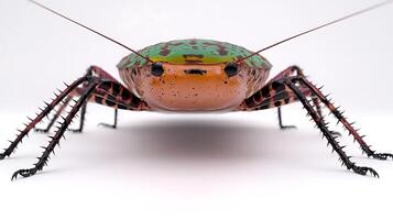 Colorful close-up of a vibrant insect with detailed textures against a white background photo