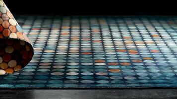 Colorful circular patterned rug partially rolled up on a dark surface with a soft background photo