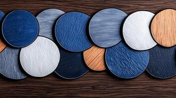 Colorful circular patterns arranged on a wooden surface, showcasing texture and design elements photo