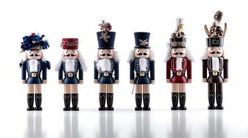Colorful collection of nutcracker figurines in festive attire displayed on a clean white background photo