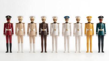 Colorful collection of toy soldiers in various uniforms standing in a row against a white background photo