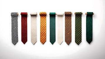 Colorful collection of ties arranged neatly on a white background showcasing various patterns photo