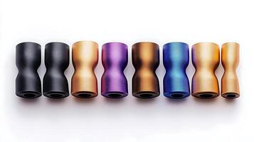 Colorful collection of uniquely shaped metallic objects arranged on a white background photo