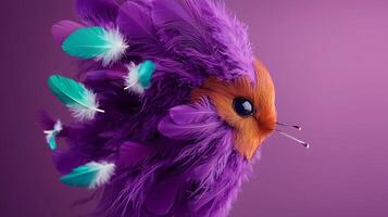 Colorful creature with vibrant feathers and unique features against a purple background photo